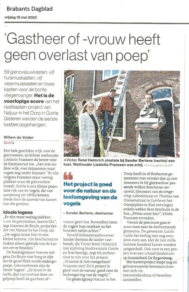 Geslaagde actie nestkasten voor de gierzwaluw in Goirle